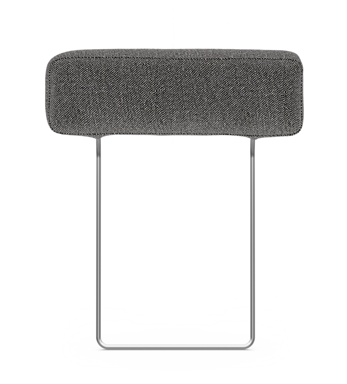 Grå polstrad nackstöd/nackkudde med metallställning, frilagd på vit bakgrund.