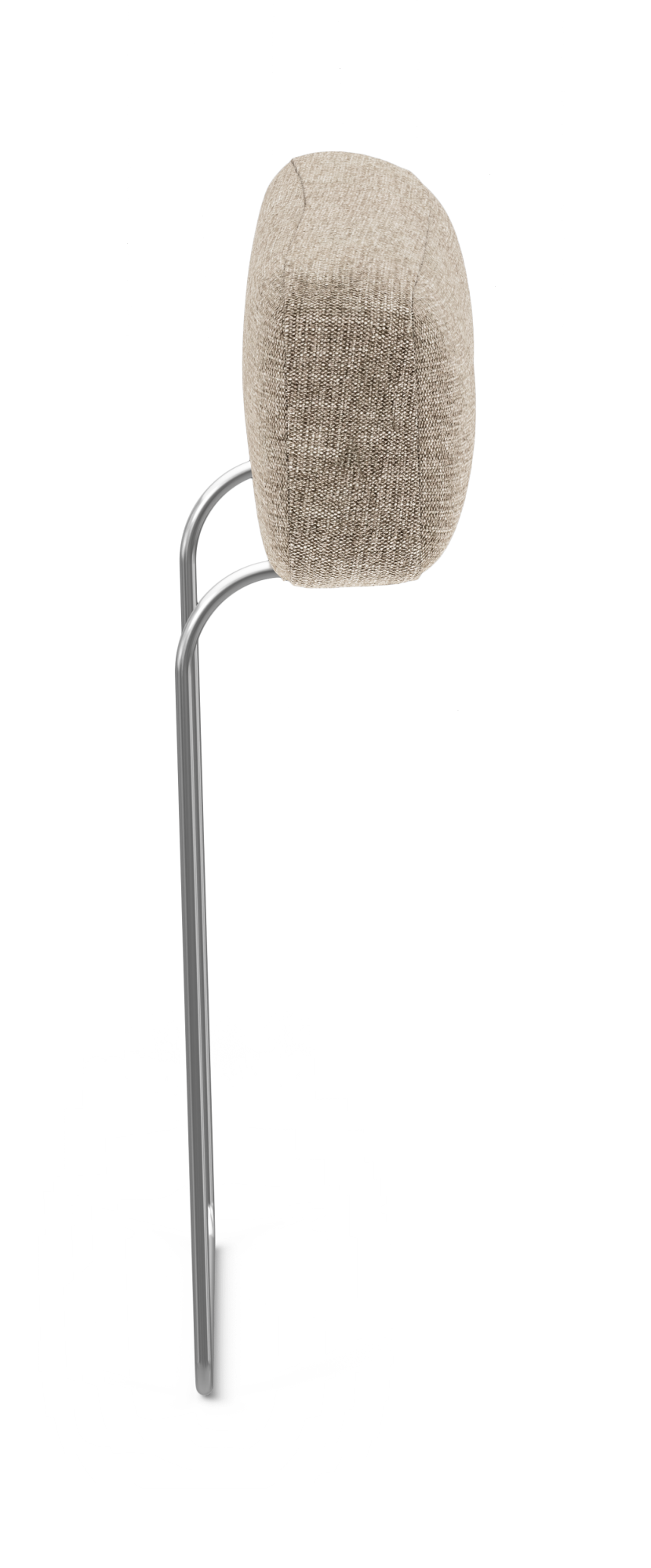 Beige tygklädd nackstöd med kromade metallstänger, frilagd mot vit bakgrund.