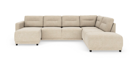 Beige L‑formad modulsoffa med schäslong till vänster och bred divan till höger, fristående på vit bakgrund.