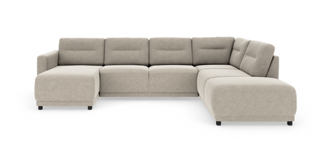 Beige modulsoffa i U-form med vänster divan och rundad avslutning till höger, fristående mot vit bakgrund.