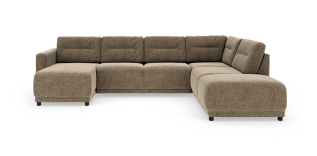 Modulsoffa i L‑form i beige tyg med vänstervänd chaiselong och rundade hörn, fristående mot vit bakgrund.
