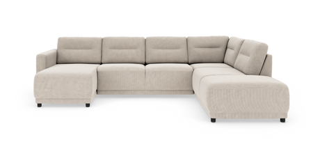 Beige modulsoffa i U‑form med schäslong till vänster, fristående på vit bakgrund.