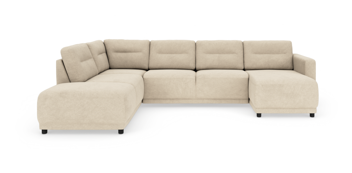 Beige L-formad modulsoffa med höger divan och bred vänster avslutning, fristående på vit bakgrund.