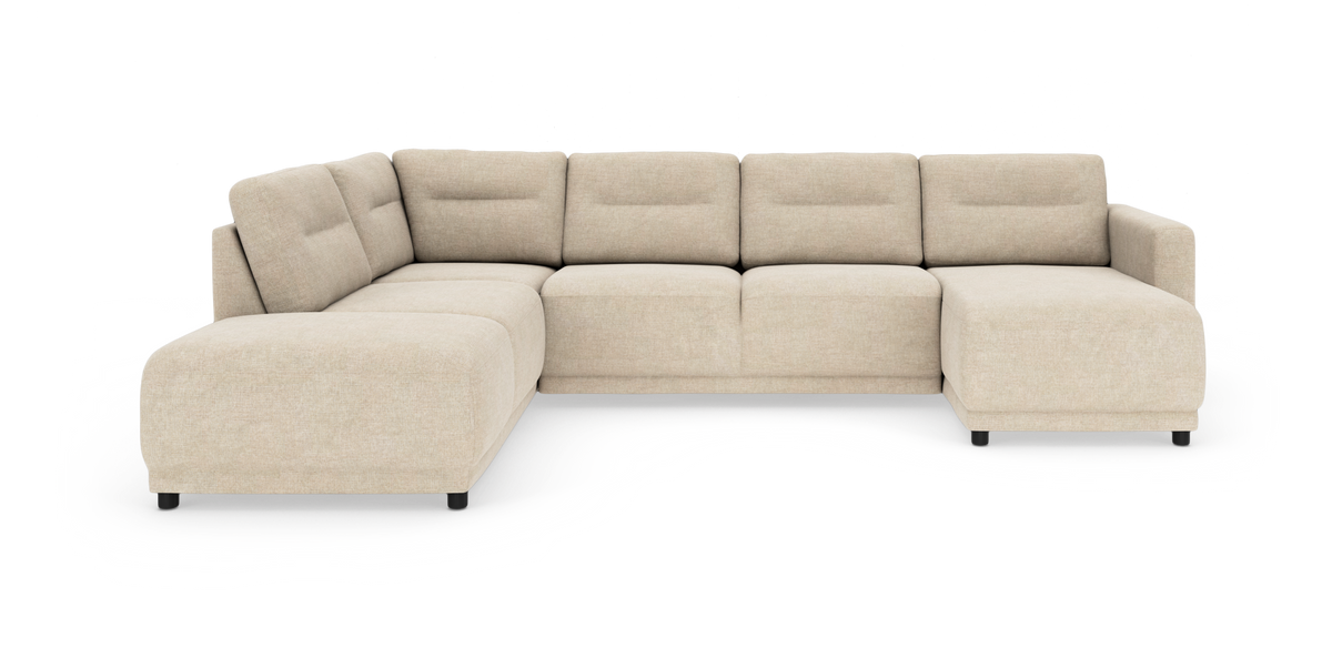 Beige L-formad modulsoffa med schäslong till höger, frilagd på vit bakgrund.