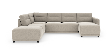 Beige modulsoffa i U‑form med höger schäslong, mjuka rygg- och sittytor samt låga svarta ben på vit bakgrund.