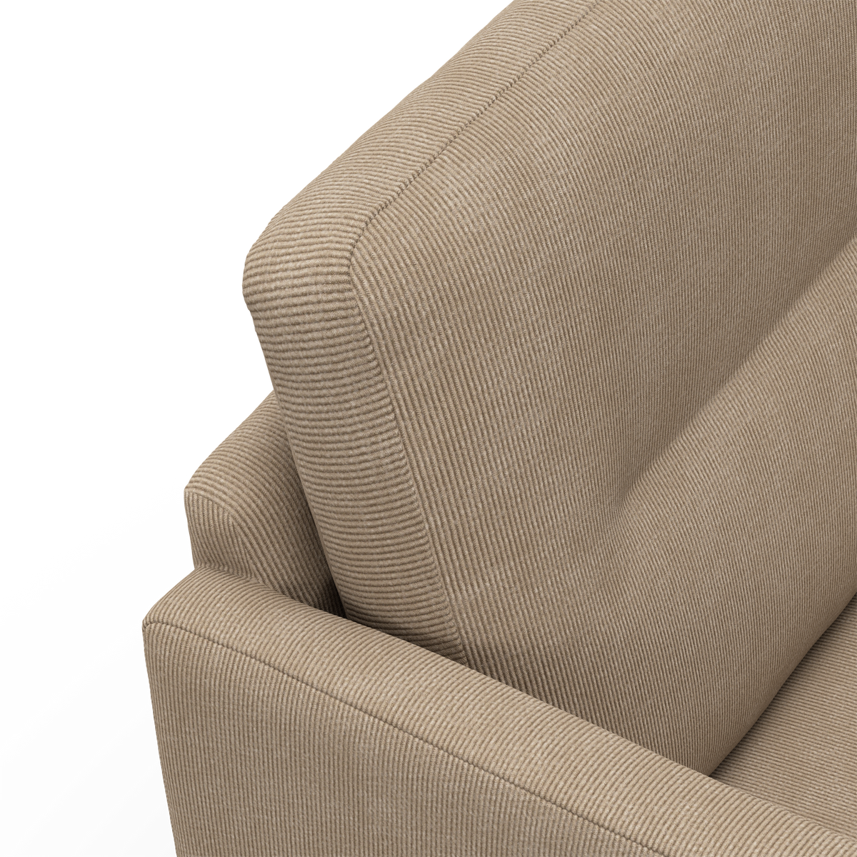 Närbild på beige soffa i manchestertyg, ryggstöd och armstöd mot vit bakgrund.