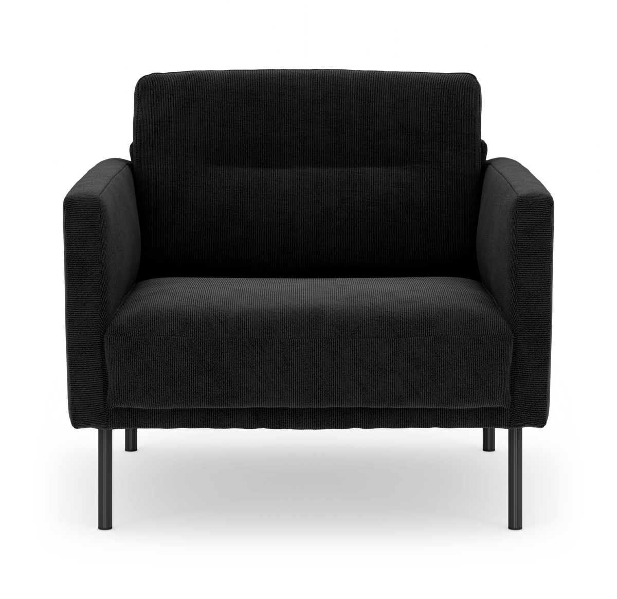 Svart fåtölj i modern, minimalistisk design, fotograferad framifrån mot vit bakgrund.