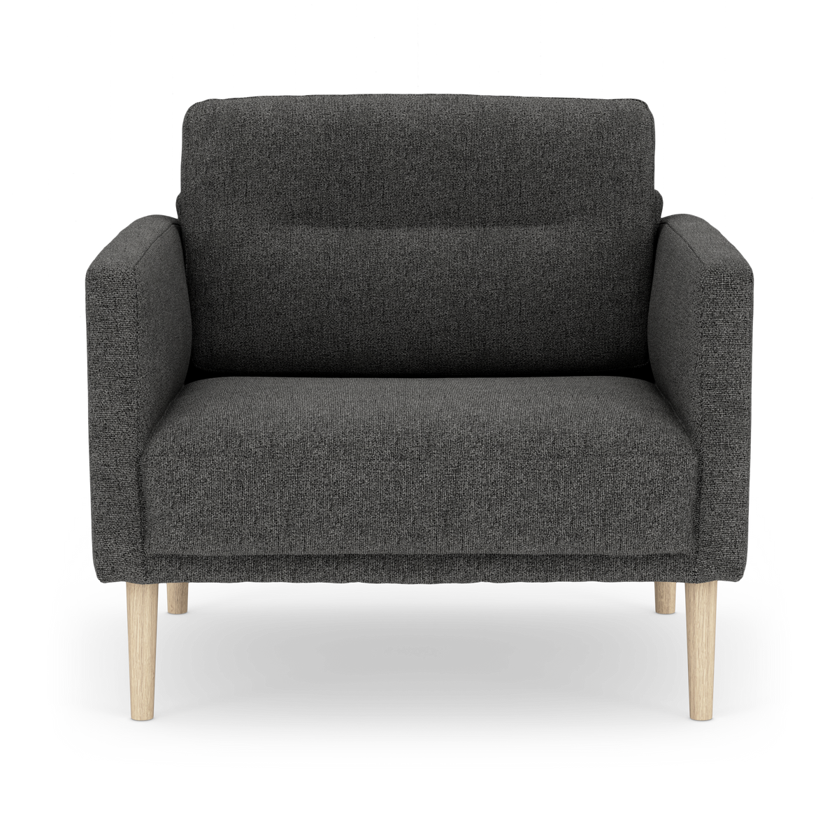 Mörkgrå fåtölj med ljusa träben, sedd rakt framifrån, i enkel och minimalistisk stil.