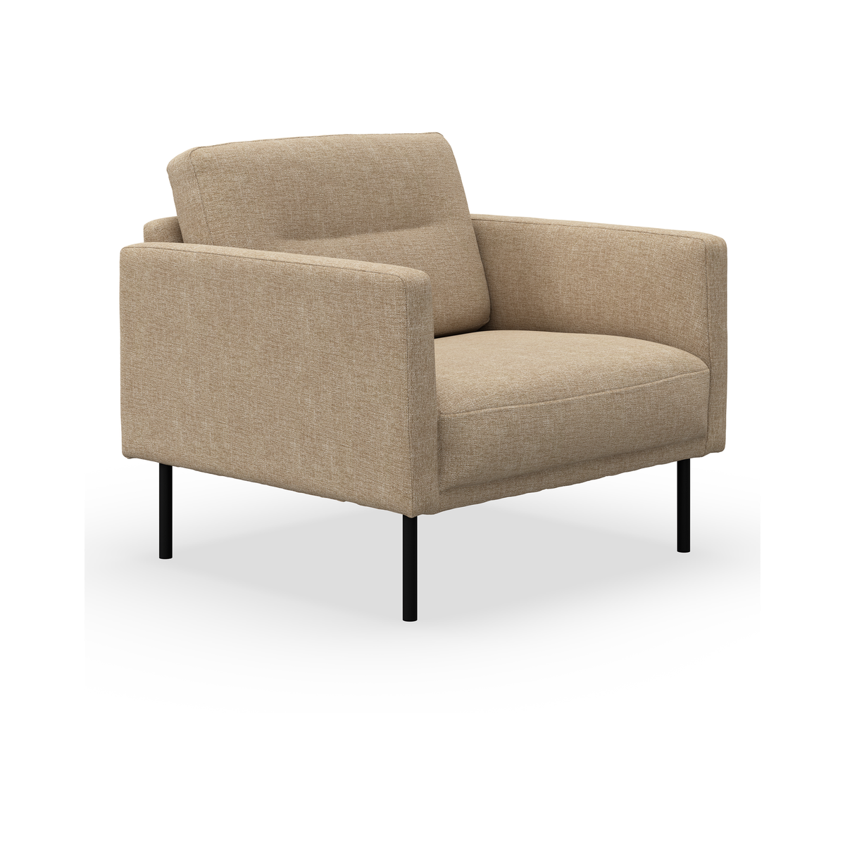 Beige fåtölj i tyg med slanka svarta metallben, visad i trekvartsvy mot höger på vit bakgrund.