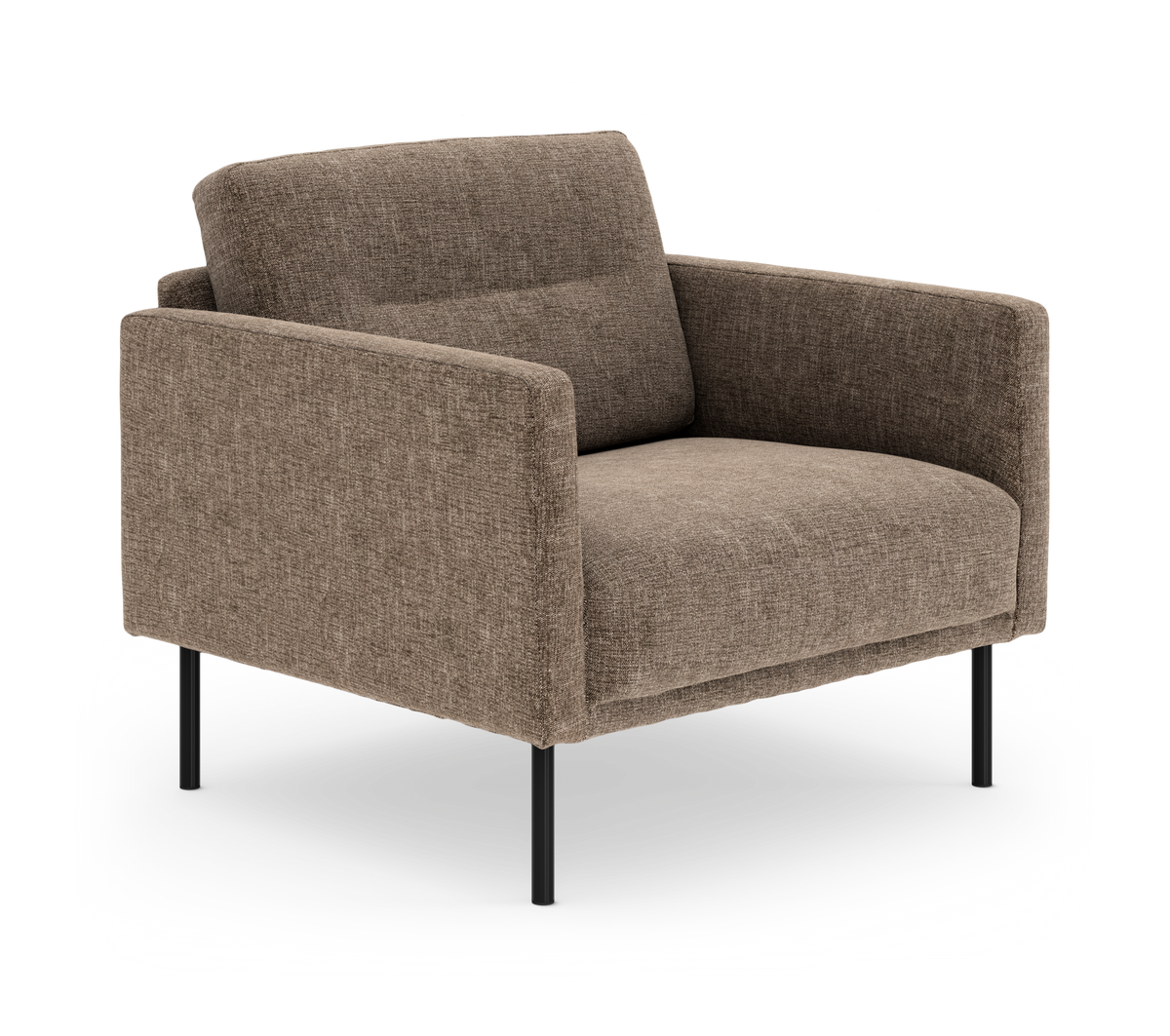 Brun loungestol i tyg med smala svarta ben, modern och minimalistisk.