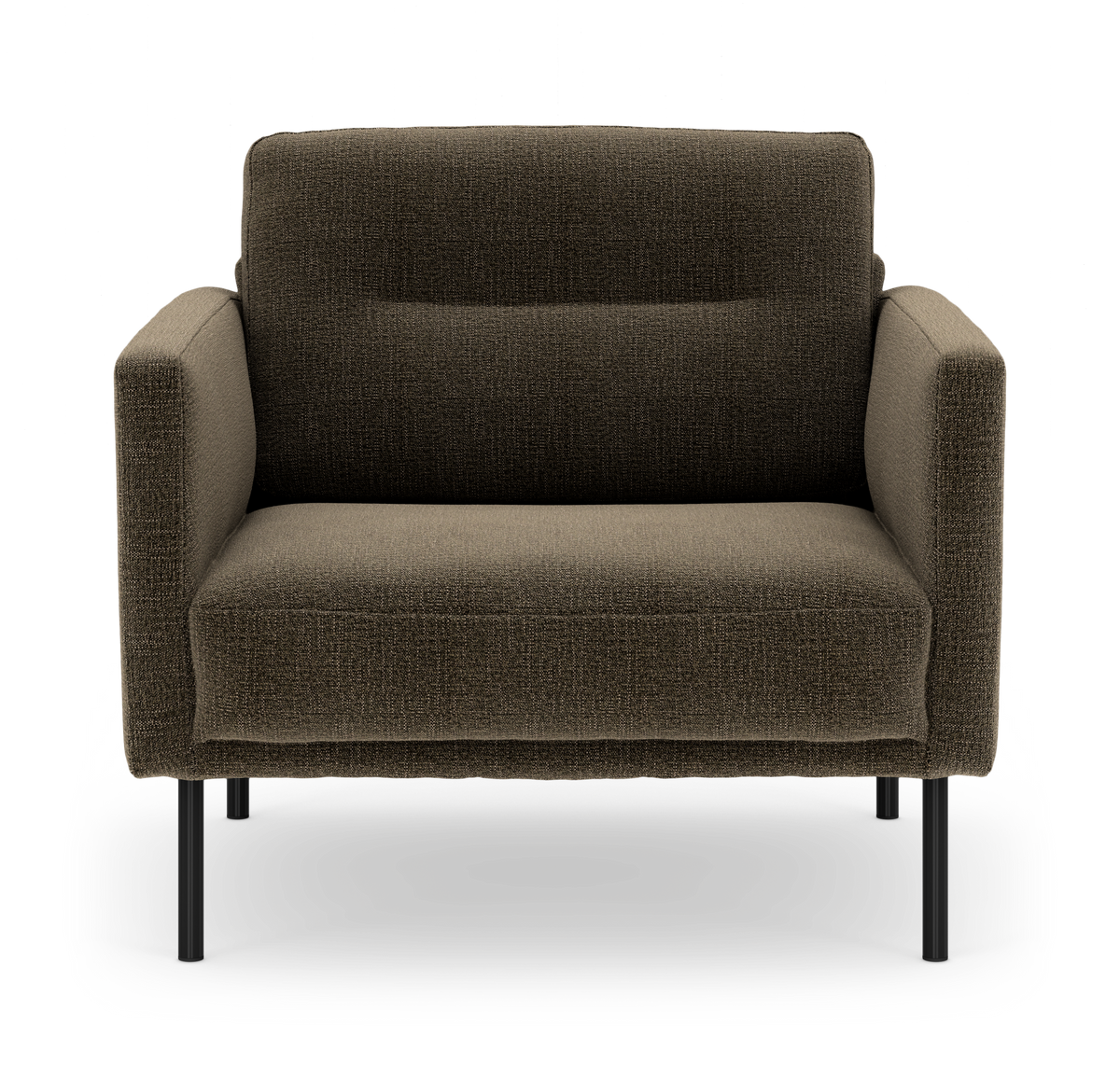 Framifrån sedd brun tygfåtölj med smala svarta metalben i enkel, modern design.