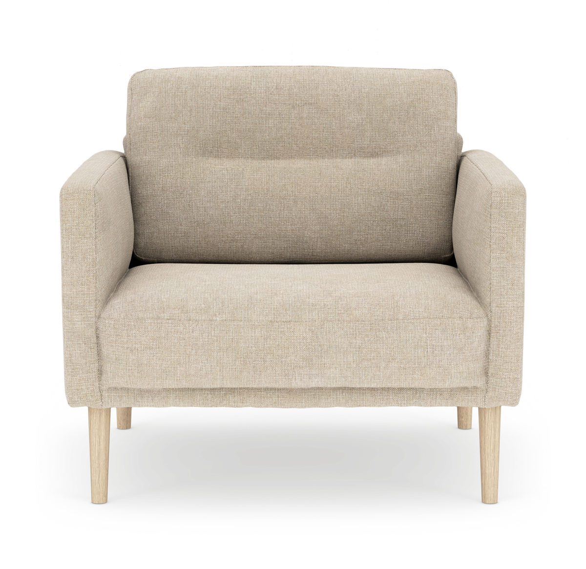Beige fåtölj i tyg med träben, frontvy mot vit bakgrund.
