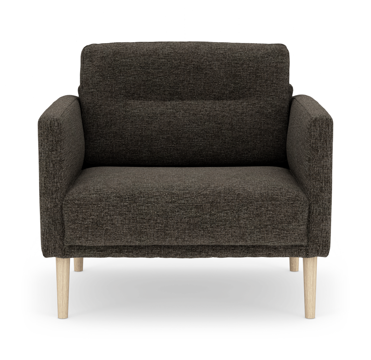 Mörkgrå tvåsitssoffa i tyg med ljusa träben, frontvy på vit studiobakgrund.
