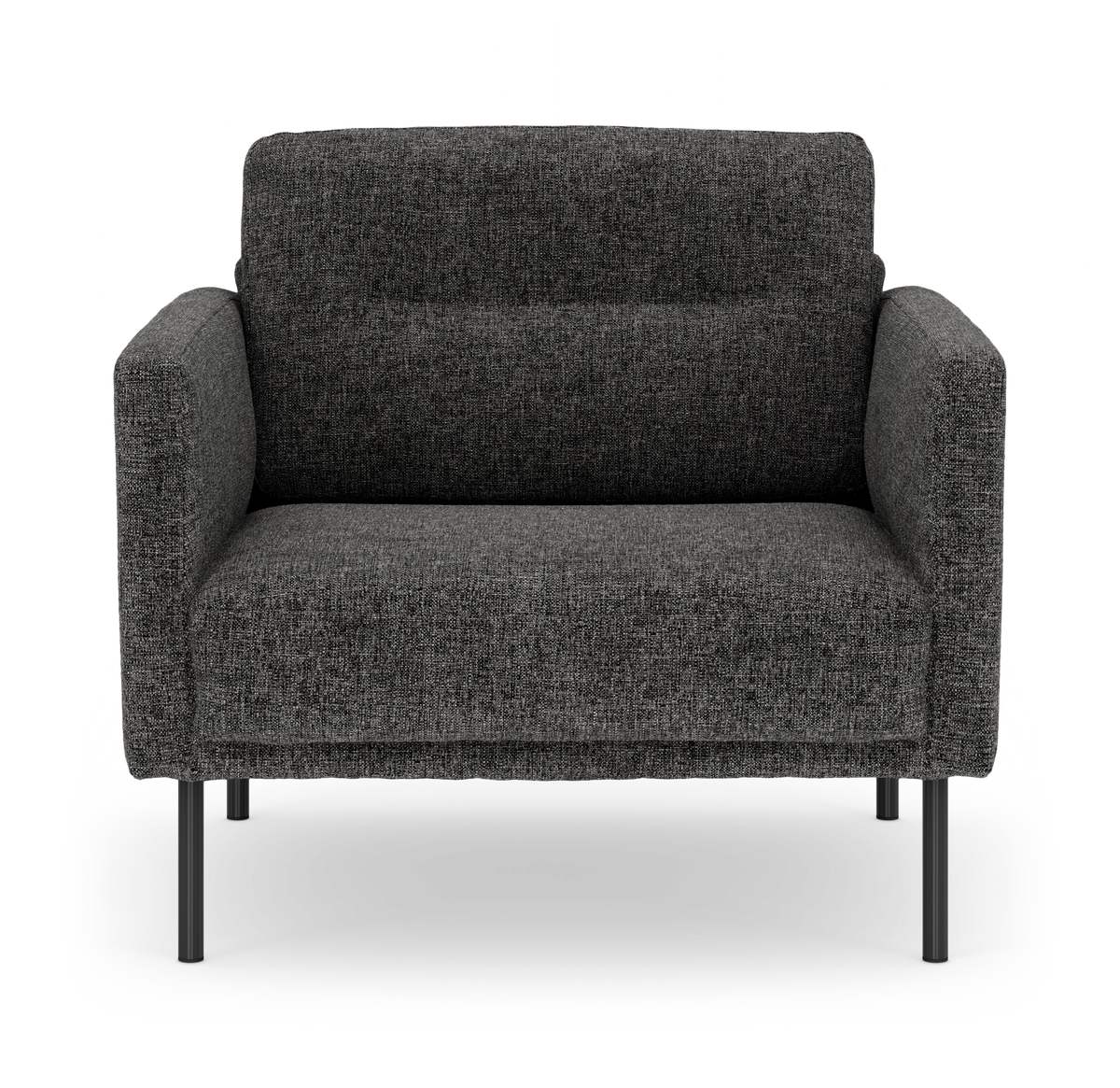 Mörkgrå 2-sits soffa i textil med slanka svarta metallben, frontvy.