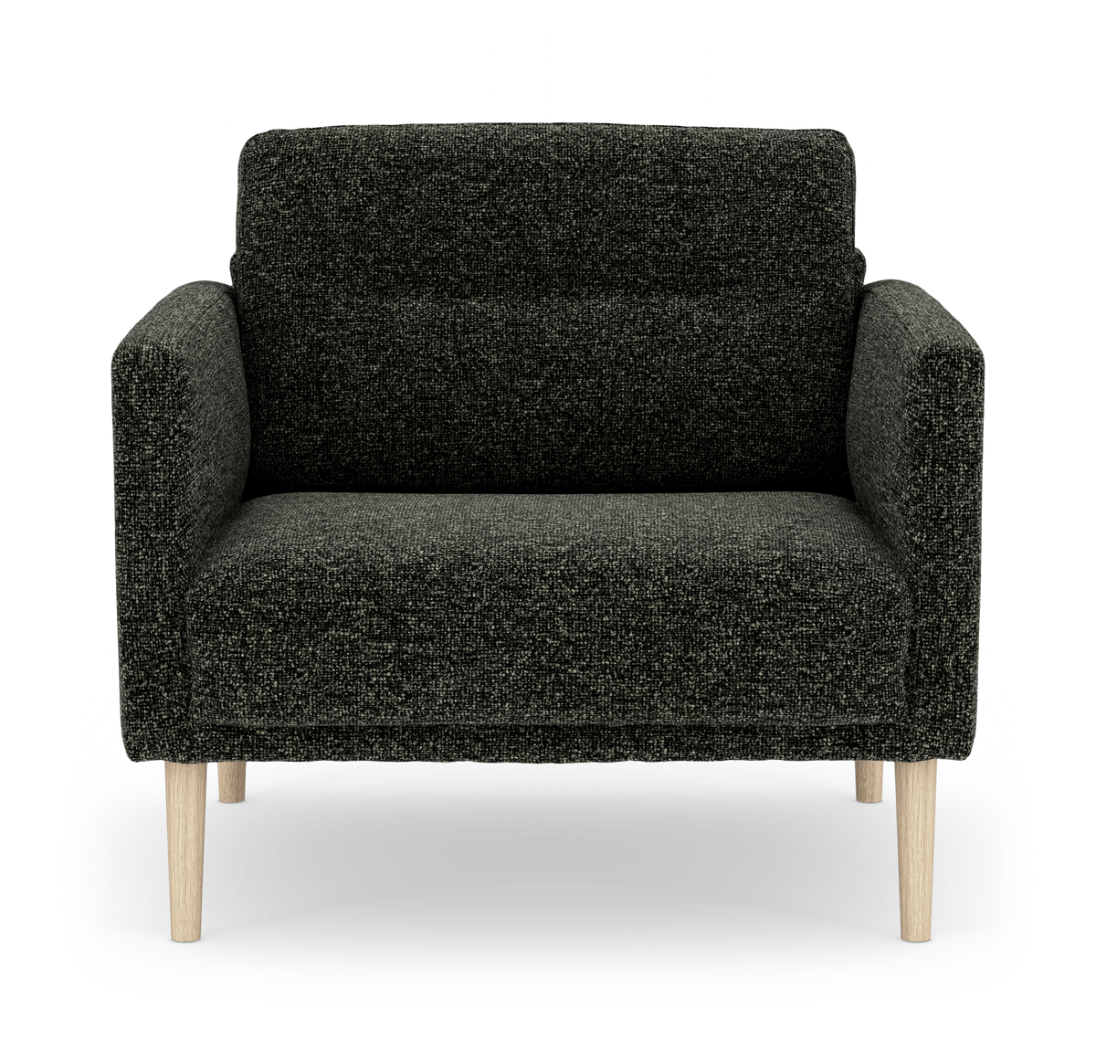 Mörkgrå fåtölj med ljusa träben i enkel, kompakt tygdesign.