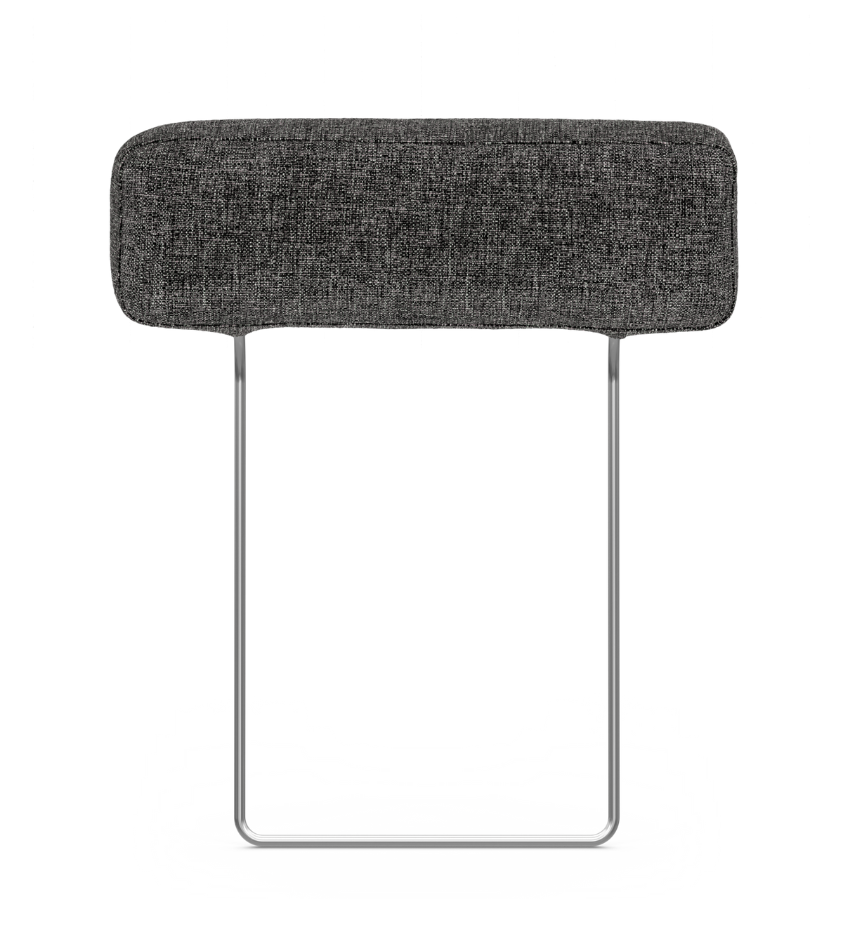Mörkgrå textilklädd nackstöd/polstrad kuddelik modul med afrundade hörn på kromade U‑formade ben, på vit bakgrund.