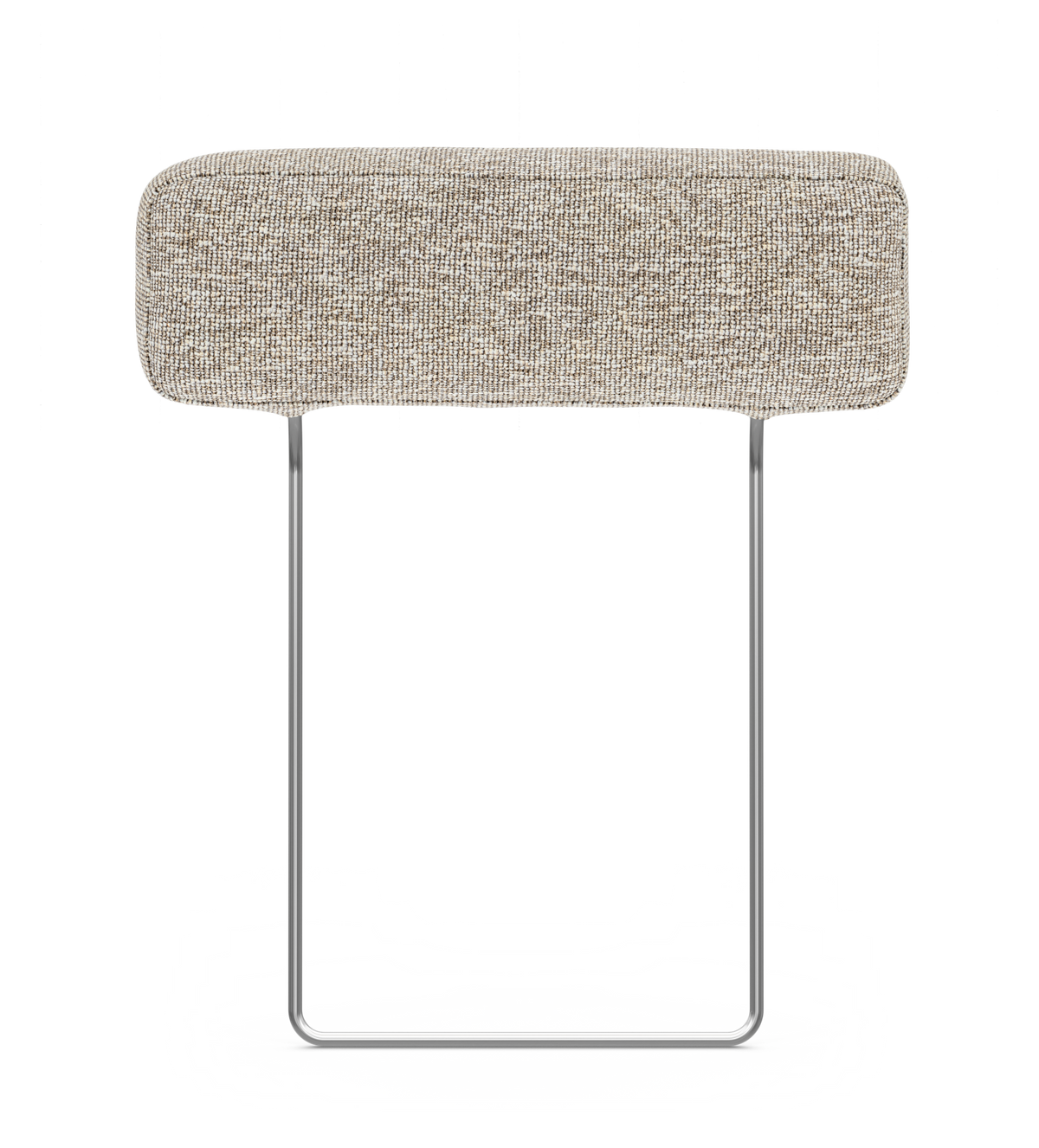 Beige, tygklädd rektangulär kudde med rundade hörn på två kromade metallstänger, frilagd mot vit bakgrund.