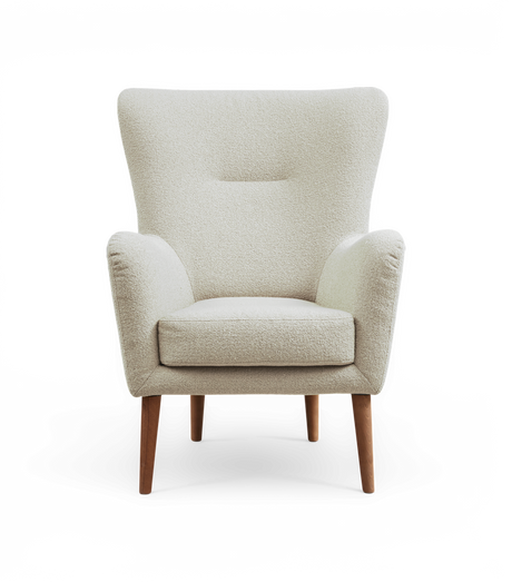 Beige fåtölj i bouclé med träben, frontvy på vit bakgrund.