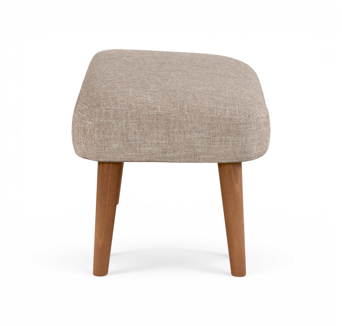 Beige stoppad fotpall med träben, frontvy, frilagd på vit bakgrund.