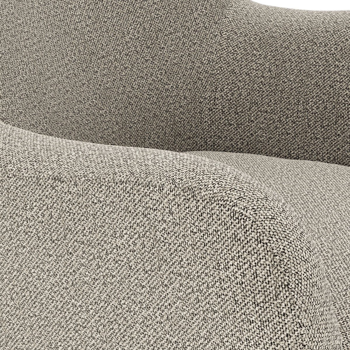 Närbild av en ljusgrå/beige, rundad soffarm i textil med grov vävstruktur.