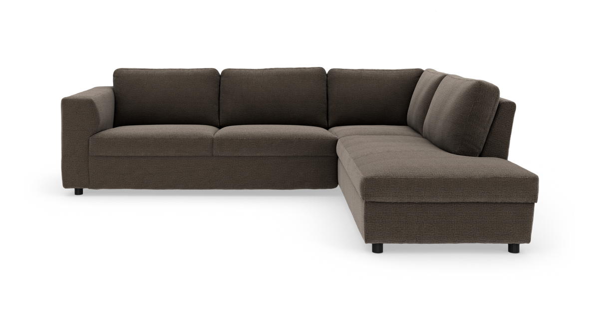 Mörkbrun hörnsoffa med schäslong till höger i modern, rak design.