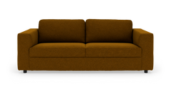 Mörk senapsgul 2‑sits soffa i bouclé‑liknande tyg med raka armstöd, frontvy, frilagd på vit bakgrund.
