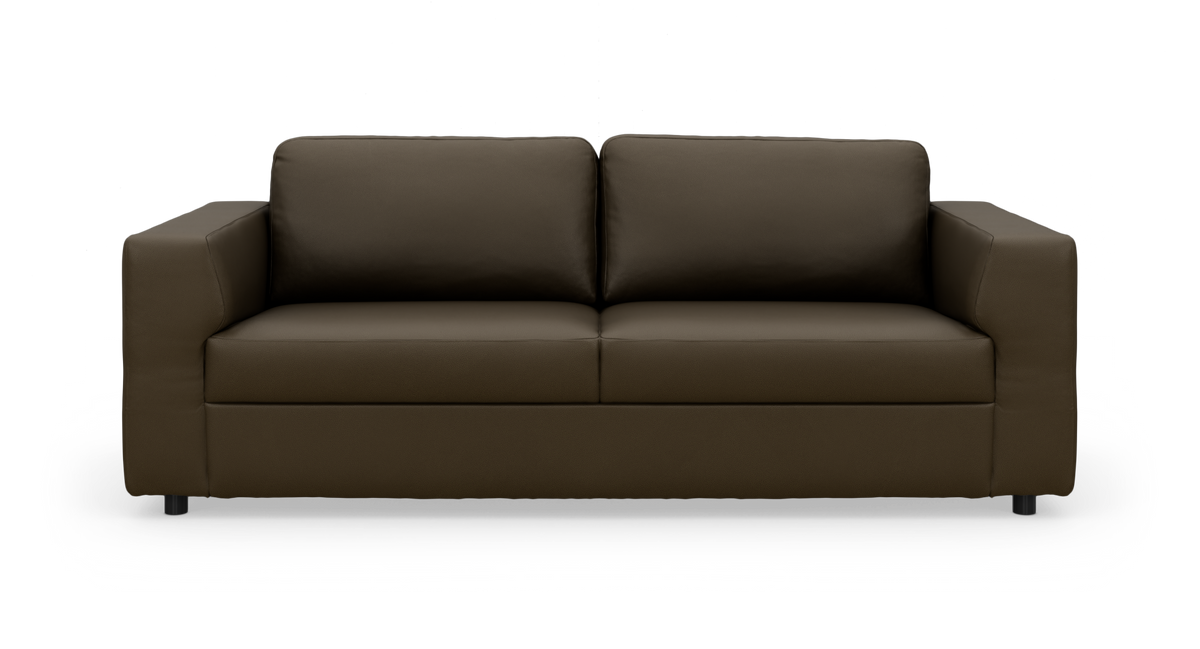 Mörkbrun 3-sits soffa i modern, rak design – frontvy mot vit bakgrund.