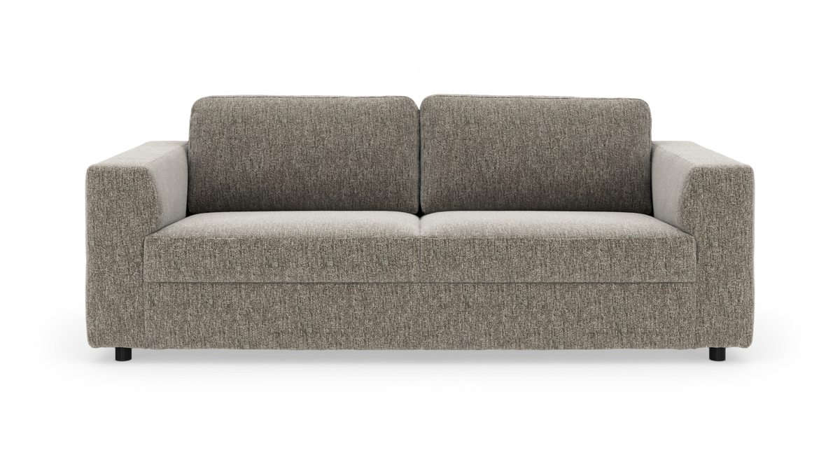 Grå‑beige 3‑sits soffa med raka armstöd och två ryggkuddar, frilagd mot vit bakgrund.