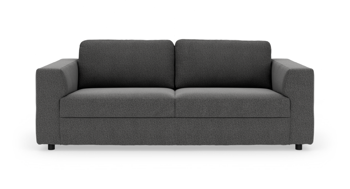 Mörkgrå 2-sits soffa med raka armstöd, frontvy på vit bakgrund.