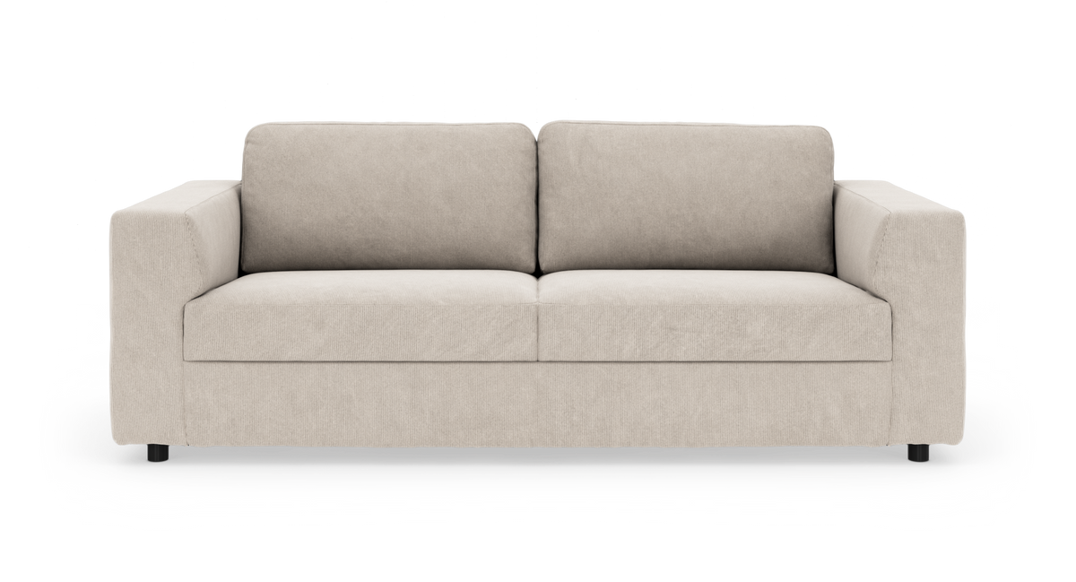 Beige 3-sits soffa med raka blockarmstöd och ribbad klädsel, frilagd på vit bakgrund.