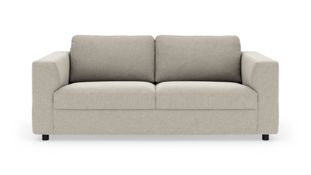 Beige, modern tygsoffa med två sitt- och ryggkuddar, frilagd rakt framifrån.