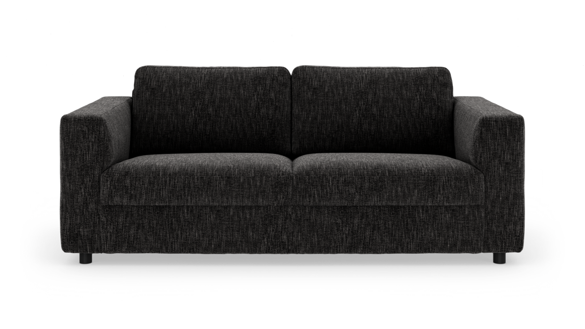 Mörkgrå 2-sits soffa med raka armstöd, frontvy mot vit bakgrund.