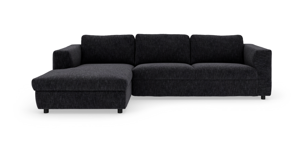 Mörkgrå hörnsoffa med vänster divan, modern och frilagd mot vit bakgrund.