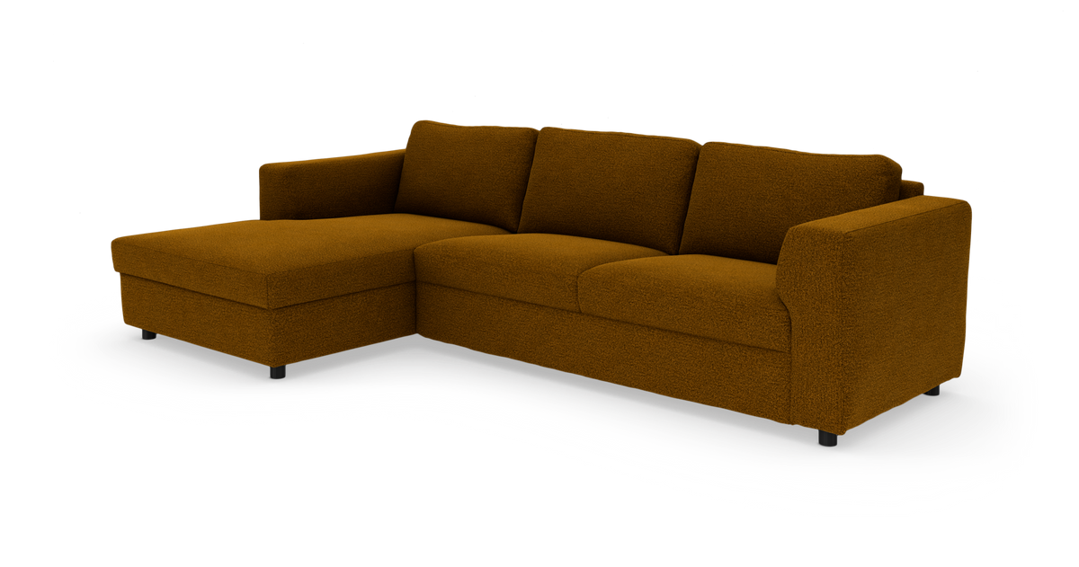 Hörnsoffa med vänstervänd schäslong i brun bouclé, modern design.