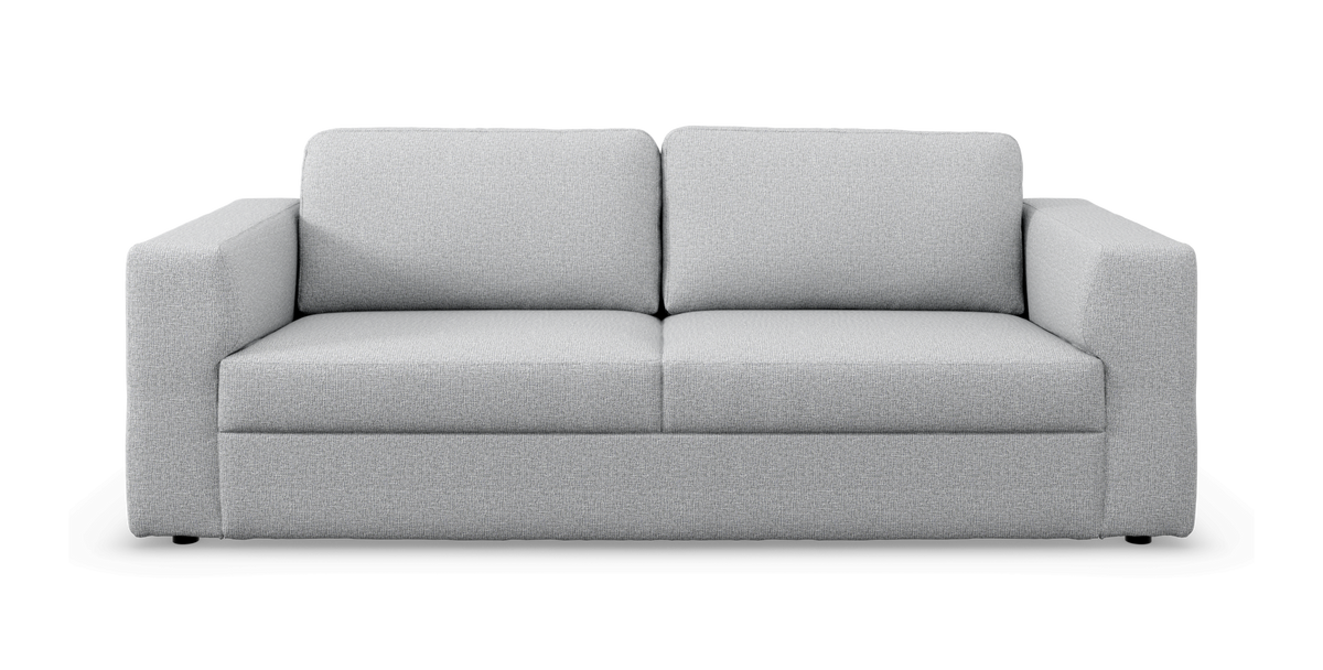 Ljusgrå tvåsitssoffa med raka armstöd i modern, minimalistisk stil, sedd framifrån.