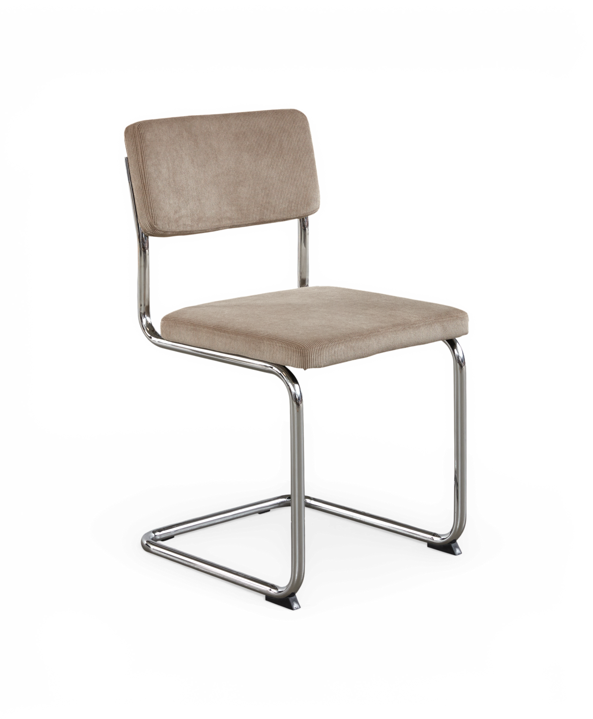 Beige stoppad cantileverstol med kromat rörstativ, frilagd på vit bakgrund.