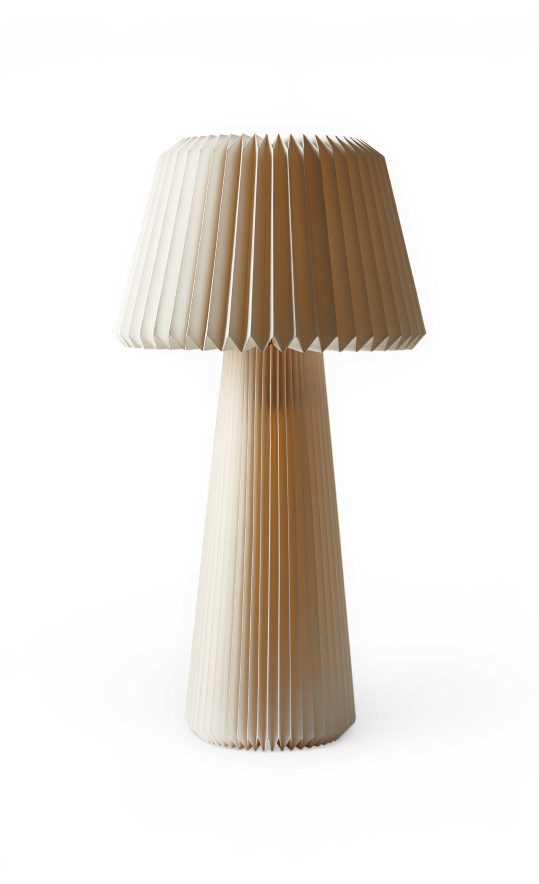 Bordslampa med veckad skärm och fot i beige, frilagd mot svart bakgrund.