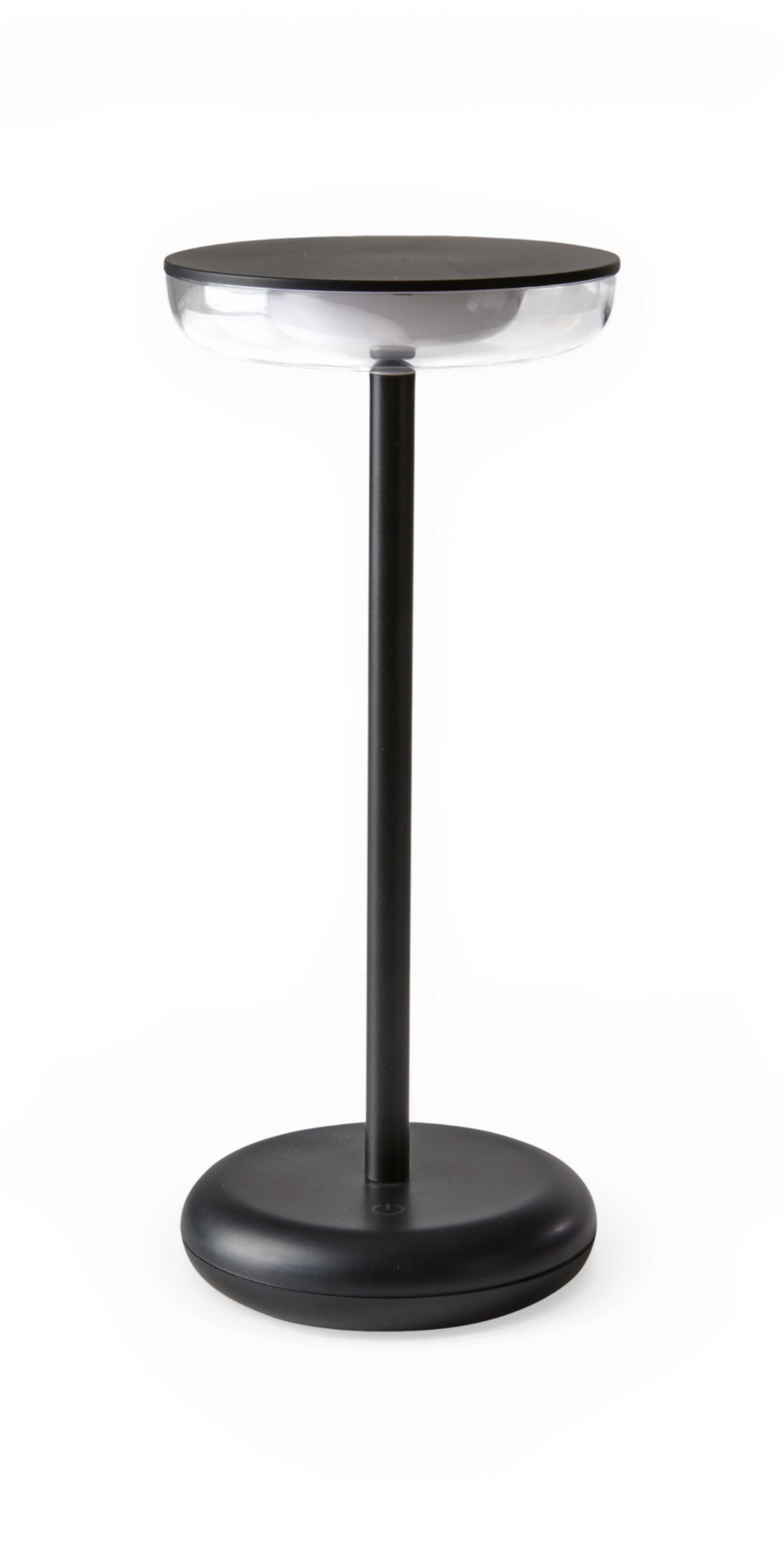 Modern svart bordslampa med rund skivformad skärm och rund bas, frilagd produkt.