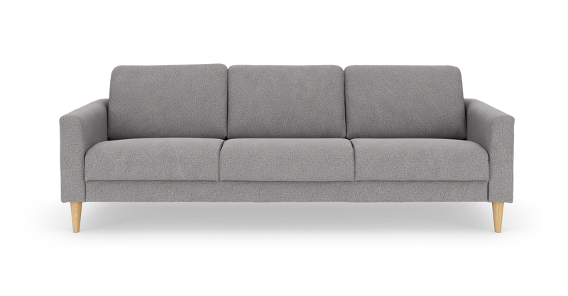 Grå 3‑sits soffa med ljusa träben i ek, sedd rakt framifrån._ps