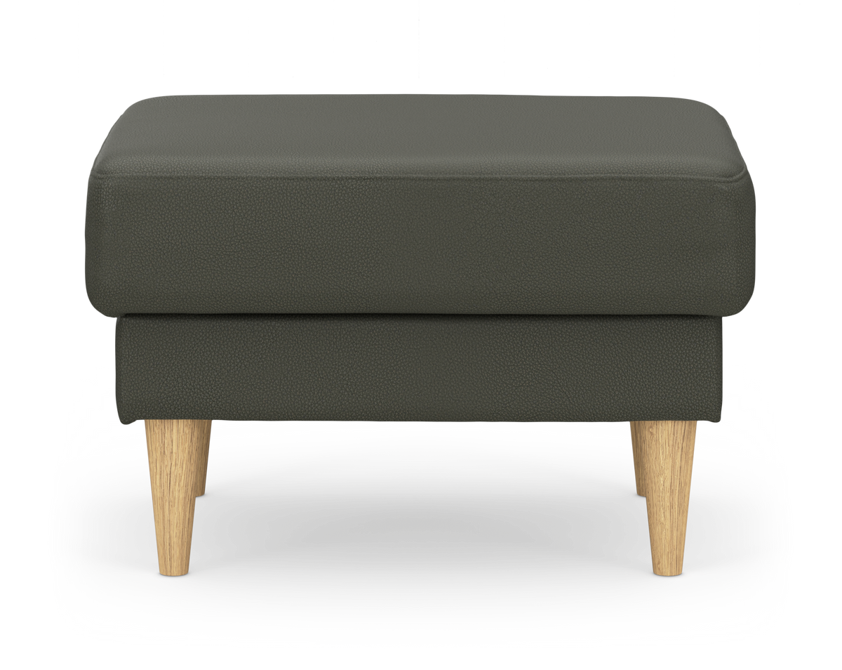 Mörkgrön fotpall med ljusa träben i frontvy.