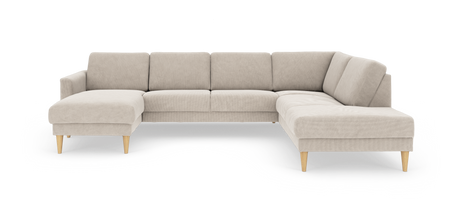 Beige U‑soffa med schäslonger på båda sidor och koniska träben.