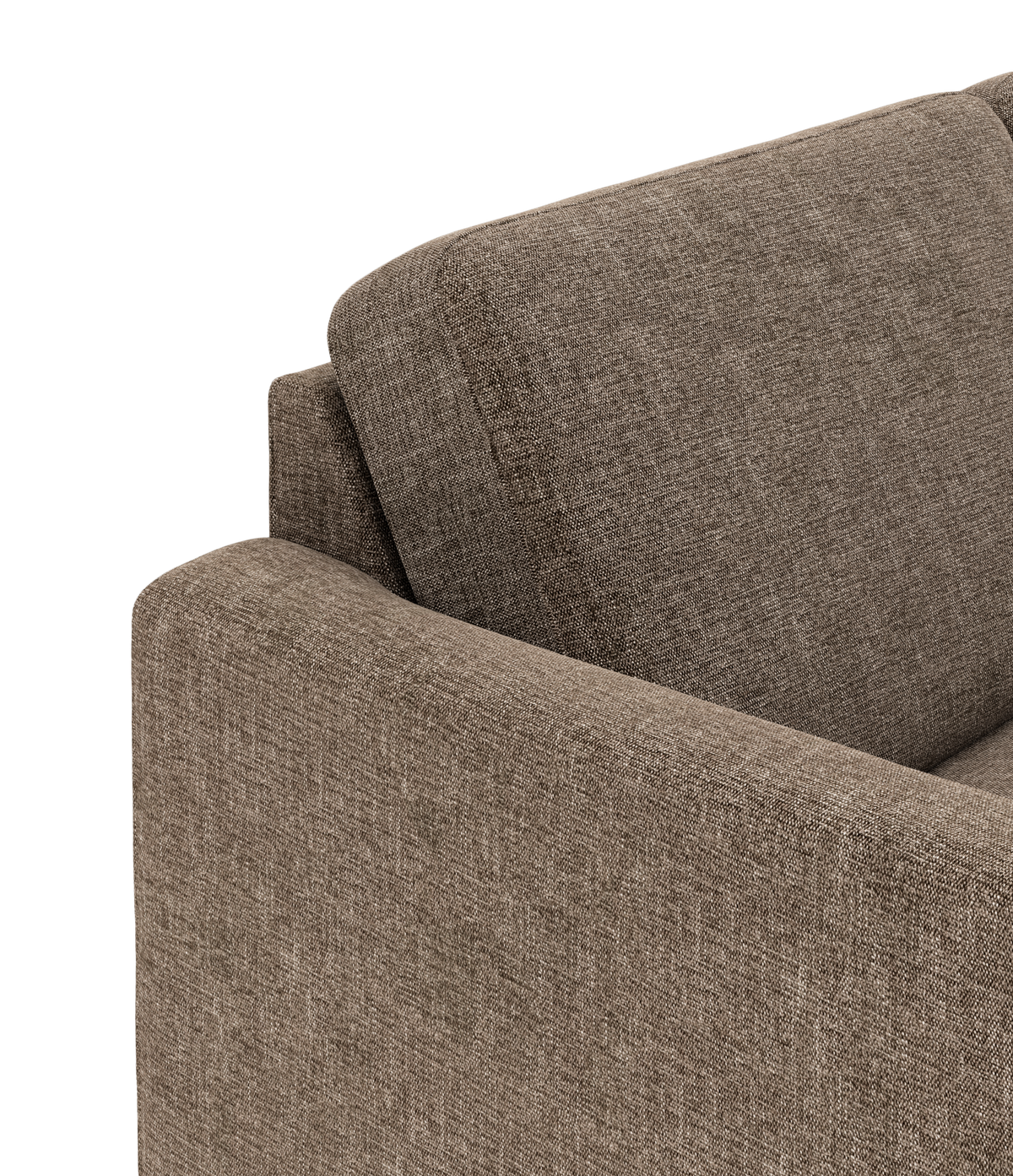 Detalj av brun/beige tygsoffa – armstöd och ryggkudde.