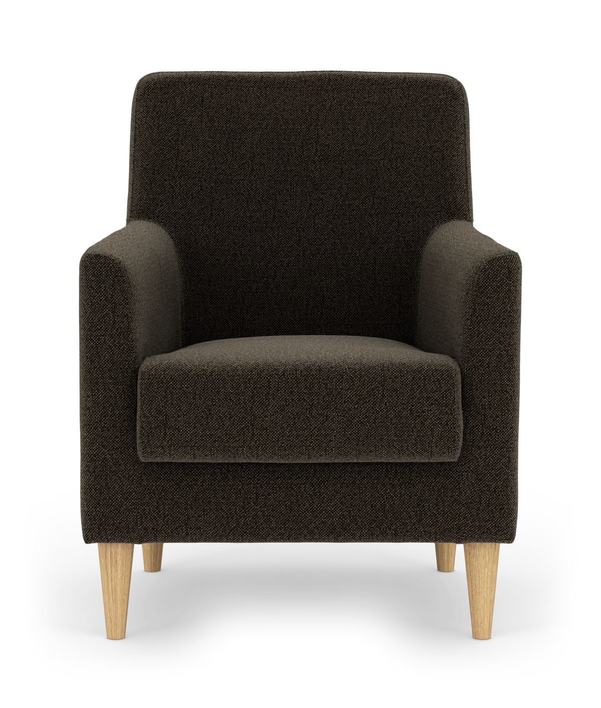Mörkbrun fåtölj i tyg med ljusa träben, frontvy, minimalistisk skandinavisk design.