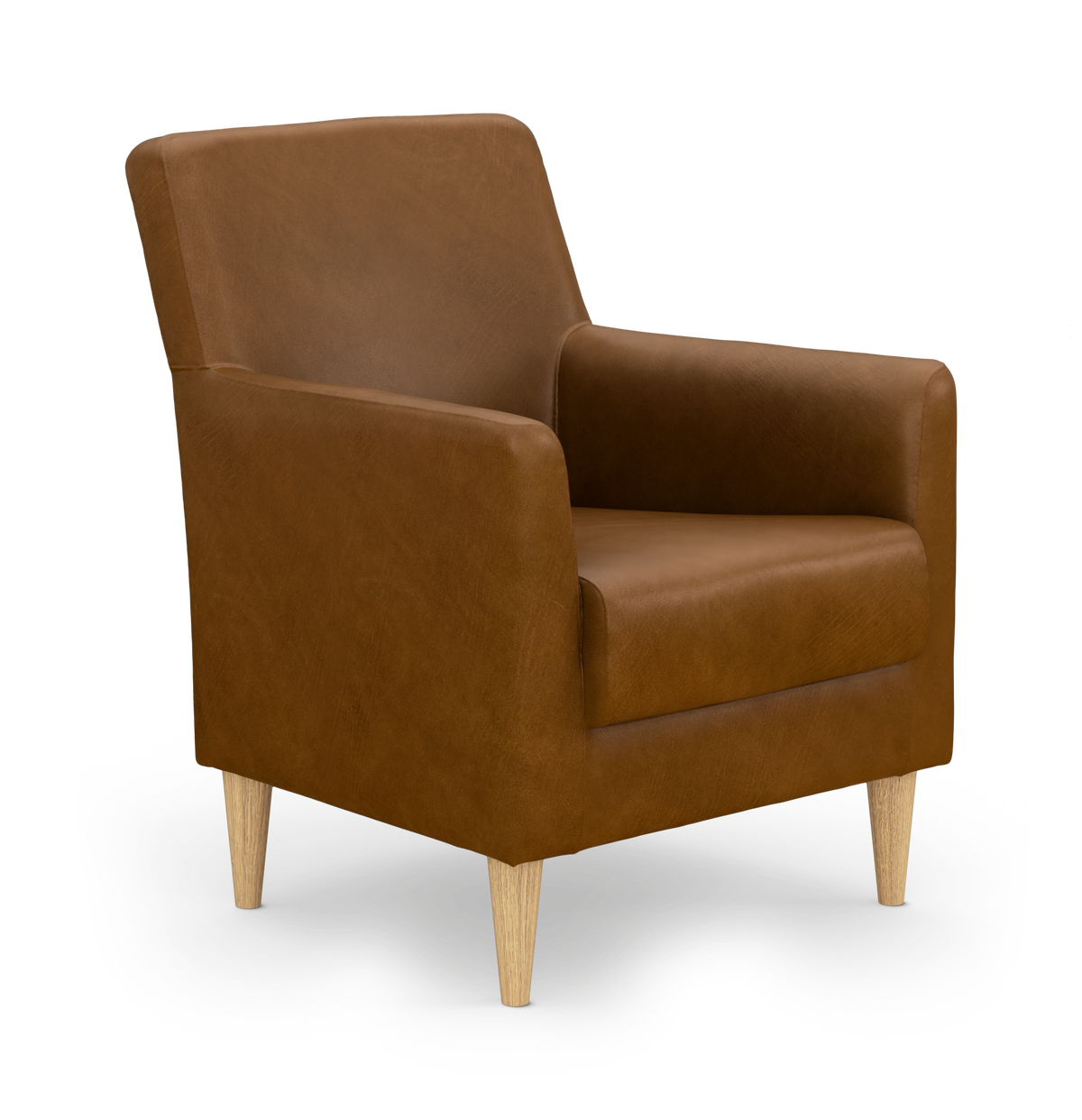 Brun läderfåtölj med ljusa träben i modern, minimalistisk design på vit bakgrund.