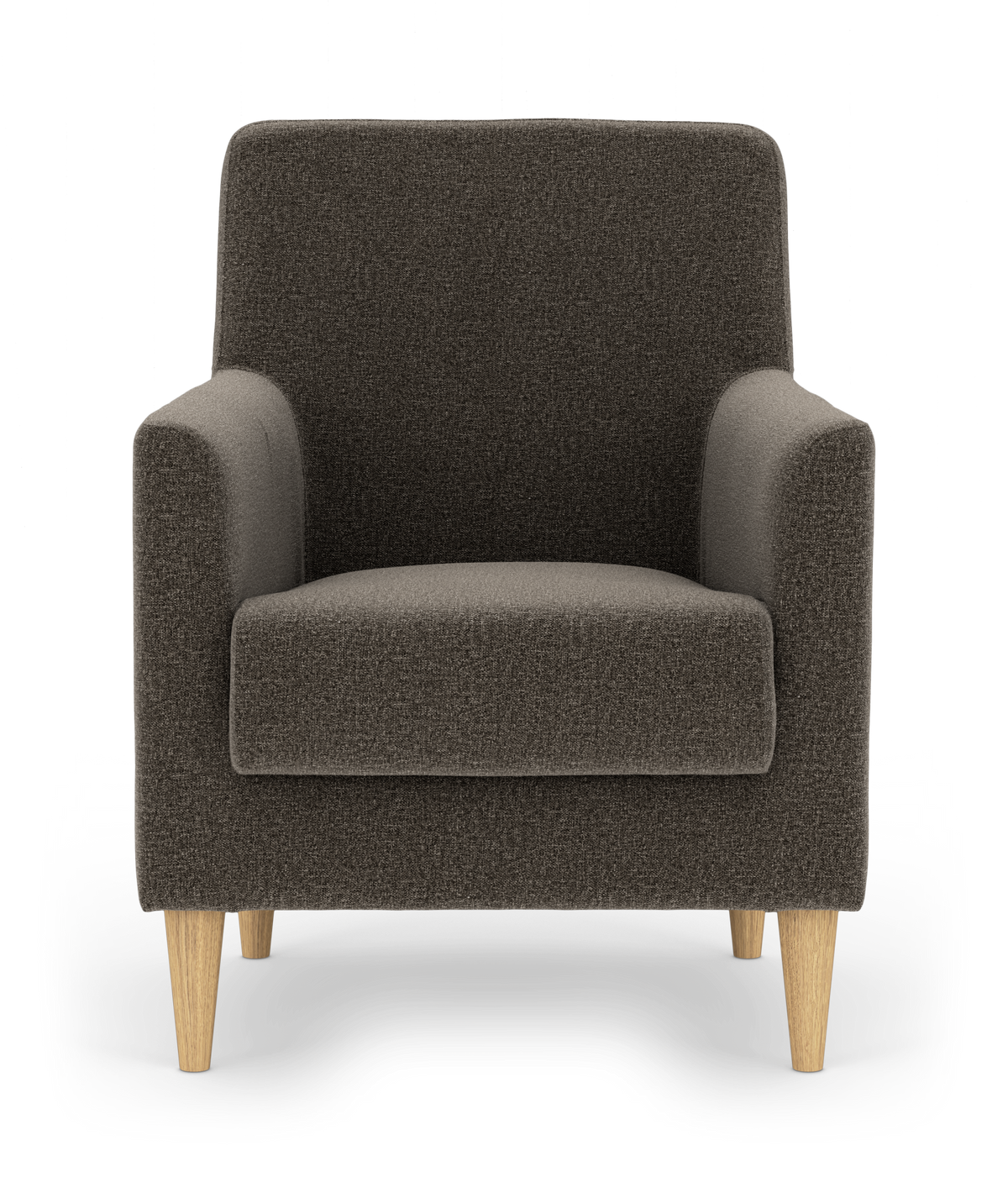 Mörkgrå tygfåtölj med ljusa träben, sedd rakt framifrån mot vit bakgrund.