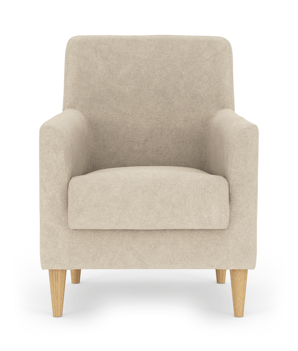 Beige fåtölj med träben sedd framifrån på vit bakgrund.