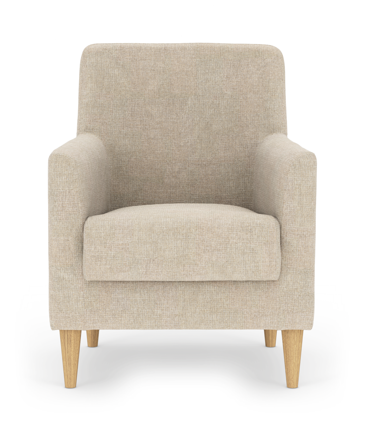 Beige fåtölj med mjuk sits och ljusa träben, sedd rakt framifrån på frilagd vit bakgrund.