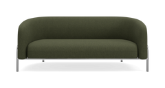 Mörkgrön 2-sits soffa med rundade armstöd och kromben, frontvy på vit bakgrund.