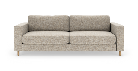 Beige tvåsits soffa med raka armstöd och träben, frilagd mot vit bakgrund.