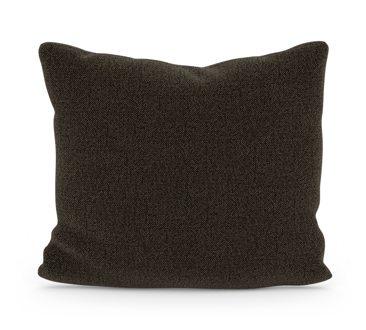 Mörkbrun textil-kudde i frontvy, frilagd på vit bakgrund.